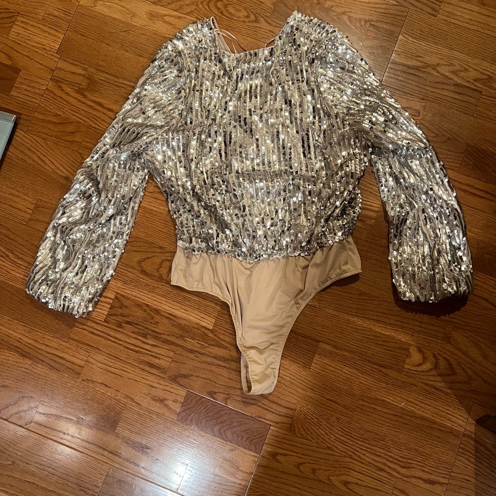 En Saison Silver Sequin and Tan Bodysuit